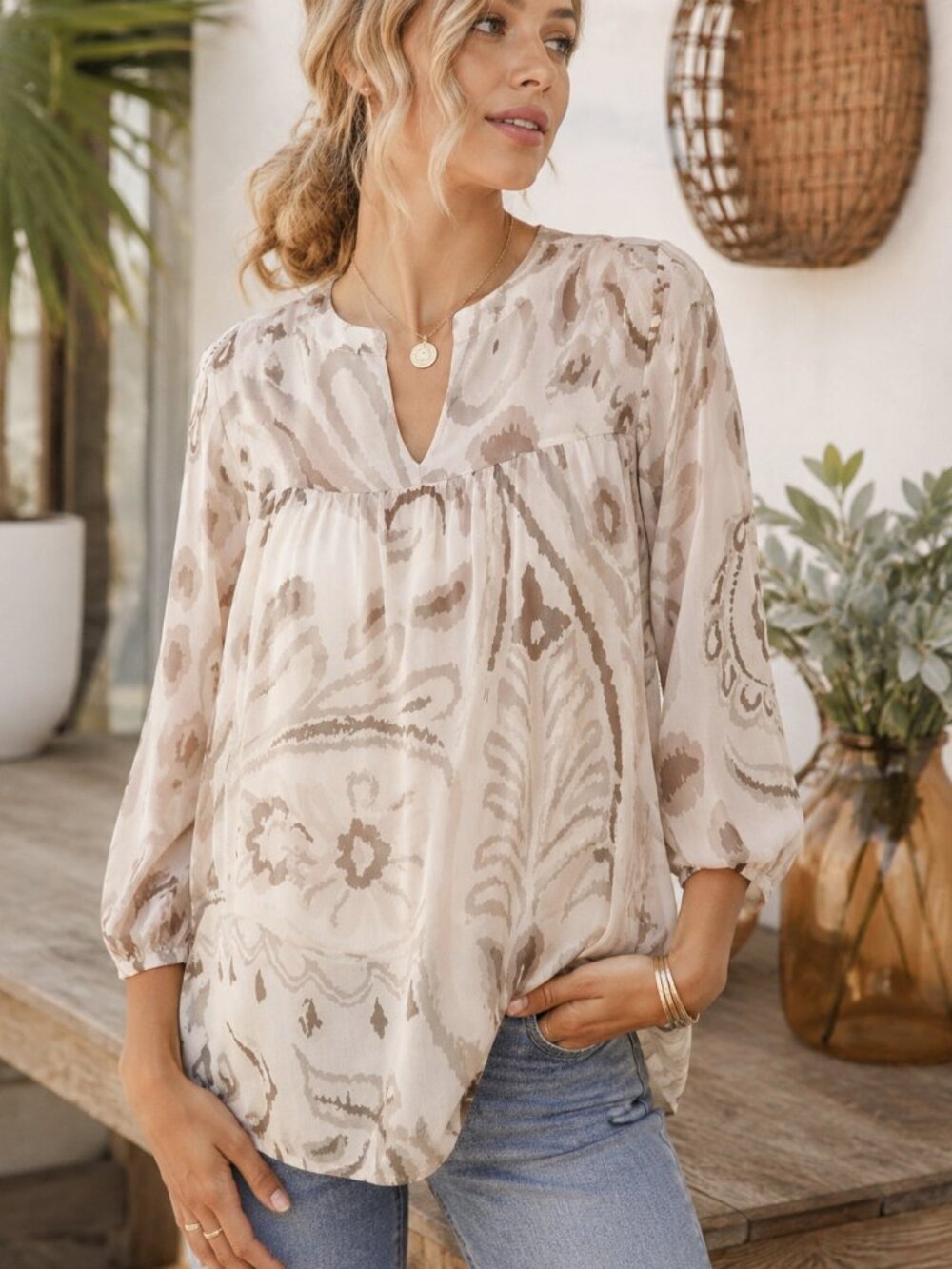 NWT Lucky Brand Sheer Georgette Peasant Blouse XL Boho Neutral Abstract Top